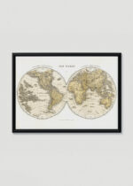 Plakat w drewnianej czarnej ramce: antyczna mapa świata dwie półkule vintage