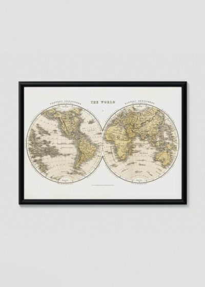 Plakat w drewnianej czarnej ramce: antyczna mapa świata dwie półkule vintage