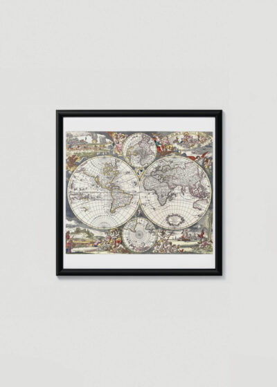Plakat w drewnianej czarnej ramce: mapa świata Frederik de Wit 1670 barokowa