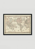 Plakat w drewnianej czarnej ramce: mapa świata 1854 Colton vintage kartografia