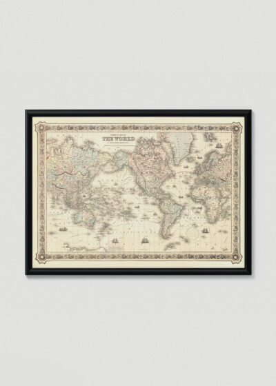 Plakat w drewnianej czarnej ramce: mapa świata 1854 Colton vintage kartografia