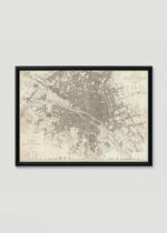 Plakat w drewnianej czarnej ramce: historyczna mapa Paryża XIX wiek sepia vintage