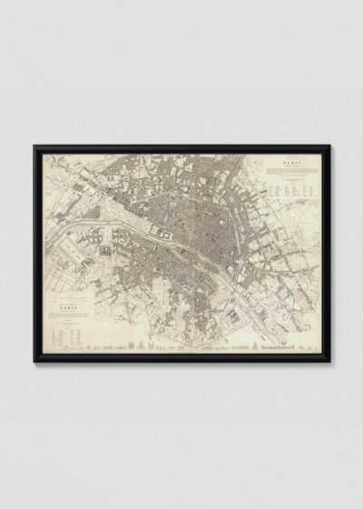 Plakat w drewnianej czarnej ramce: historyczna mapa Paryża XIX wiek sepia vintage