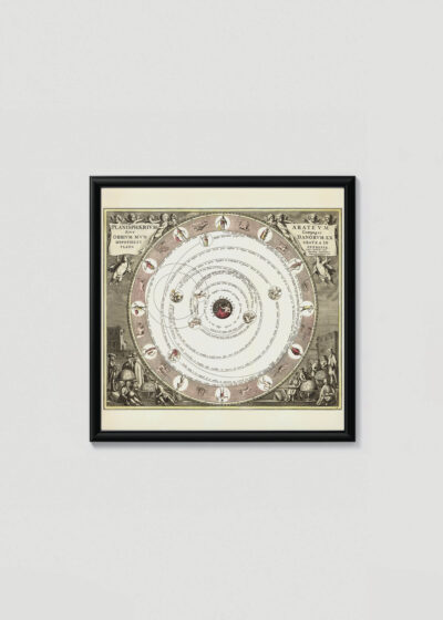 Plakat w drewnianej czarnej ramce: barokowa mapa nieba Planisphaerium XVII wiek