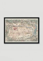 Plakat w drewnianej czarnej ramce: historyczna mapa Edo Tokio epoka Edo Japonia