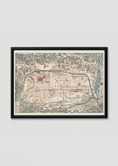 Plakat w drewnianej czarnej ramce: historyczna mapa Edo Tokio epoka Edo Japonia
