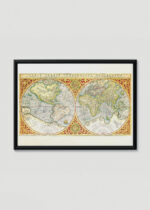 Plakat w drewnianej czarnej ramce: stara mapa świata XVI wiek 1587 Orbis Terrae Mercator