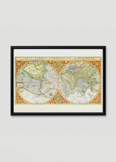 Plakat w drewnianej czarnej ramce: stara mapa świata XVI wiek 1587 Orbis Terrae Mercator