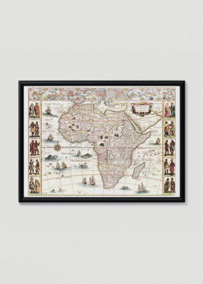 Plakat w drewnianej czarnej ramce: historyczna mapa Afryki XVII wiek vintage