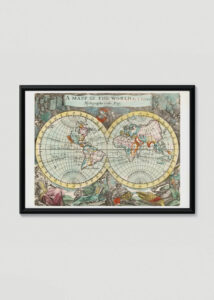 Plakat w drewnianej czarnej ramce: stara mapa świata XVII wiek J. Seller kartografia vintage