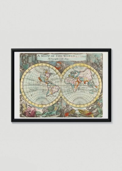 Plakat w drewnianej czarnej ramce: stara mapa świata XVII wiek J. Seller kartografia vintage