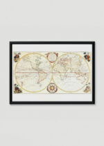 Plakat w drewnianej czarnej ramce: mapa świata XVIII wiek dwie półkule retro