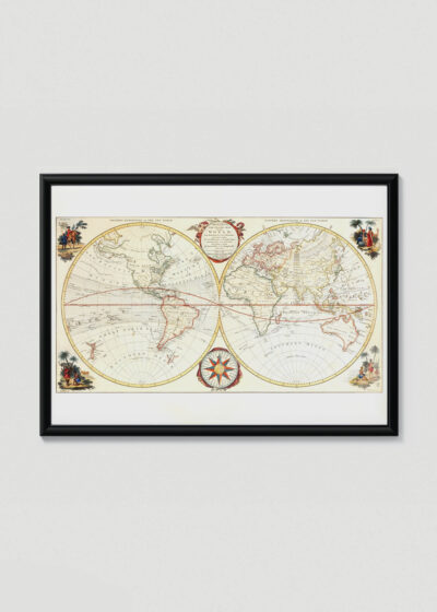 Plakat w drewnianej czarnej ramce: mapa świata XVIII wiek dwie półkule retro