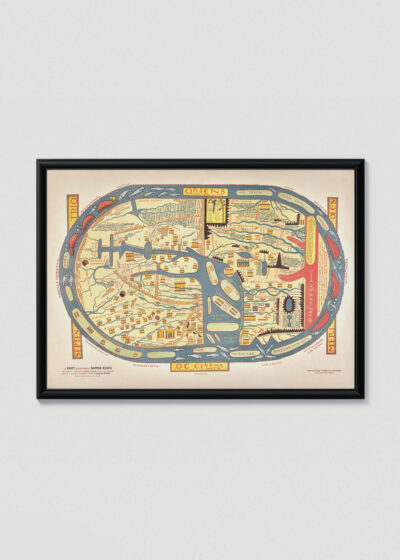 Plakat w drewnianej czarnej ramce: Mappa Mundi średniowieczna mapa świata