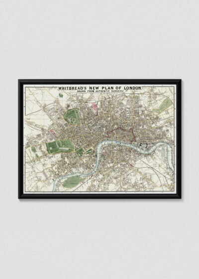 Plakat w drewnianej czarnej ramce: historyczna mapa Londynu Whitbread vintage