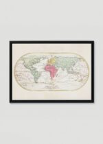 Plakat w drewnianej czarnej ramce: stara mapa świata XVIII wiek francuska kartografia
