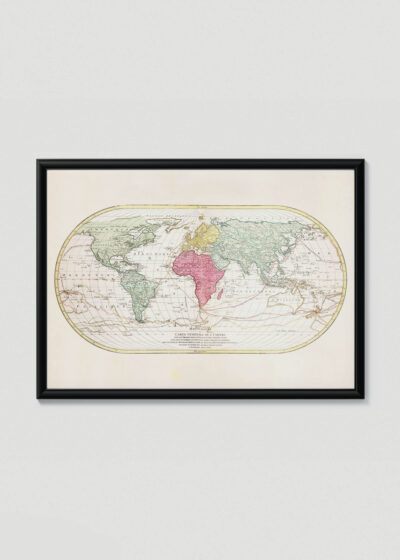 Plakat w drewnianej czarnej ramce: stara mapa świata XVIII wiek francuska kartografia