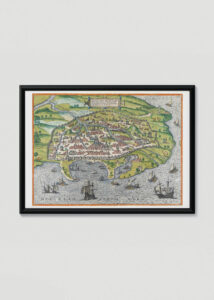 Plakat w drewnianej czarnej ramce: mapa Aleksandrii XVI wiek Civitates Orbis Terrarum
