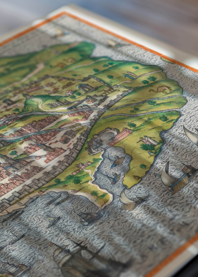 Zbliżenie na detale plakatu: mapa Aleksandrii XVI wiek Civitates Orbis Terrarum