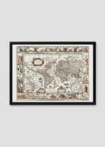 Plakat w drewnianej czarnej ramce: mapa świata XVII wiek Nova Totius Terrarum Orbis