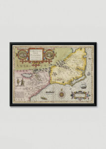 Plakat w drewnianej czarnej ramce: historyczna mapa Wirginii i Florydy USA XVI wiek