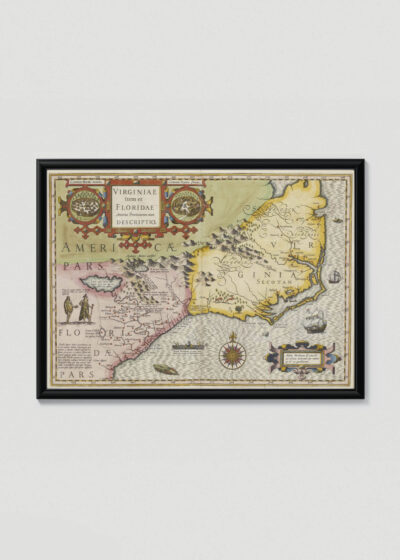 Plakat w drewnianej czarnej ramce: historyczna mapa Wirginii i Florydy USA XVI wiek