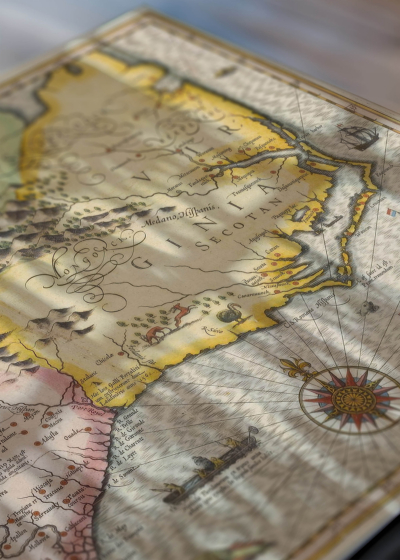 Zbliżenie na detale plakatu: historyczna mapa Wirginii i Florydy USA XVI wiek
