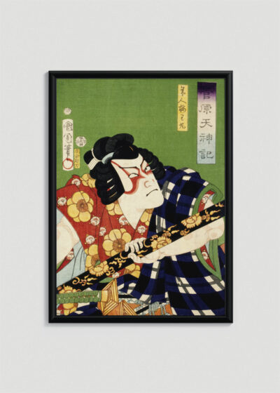 Plakat w drewnianej czarnej ramce: japoński aktor kabuki Toyohara Kunichika ukiyo-e
