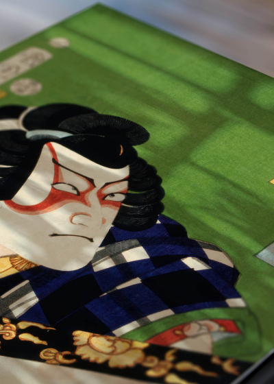 Zbliżenie na detale plakatu: japoński aktor kabuki Toyohara Kunichika ukiyo-e