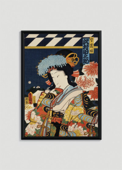 Plakat w drewnianej czarnej ramce: Aktor kabuki Toyohara Kunichika ukiyo-e