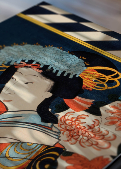 Zbliżenie na detale plakatu: Aktor kabuki Toyohara Kunichika ukiyo-e