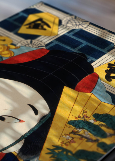 Zbliżenie na detale plakatu: japoński aktor kabuki Toyohara Kunichika