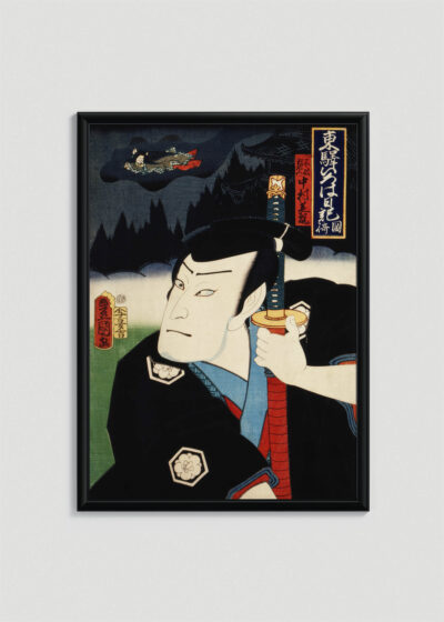 Plakat w drewnianej czarnej ramce: Samuraj z mieczem Toyohara Kunichika ukiyo-e