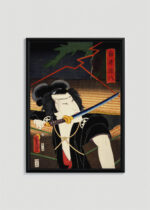 Plakat w drewnianej czarnej ramce: samuraj japoński Toyohara Kunichika kabuki