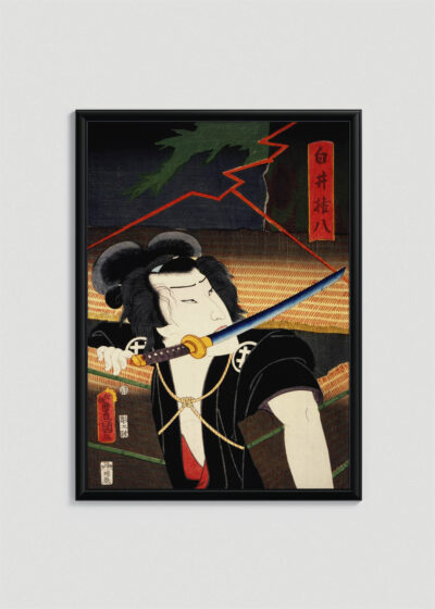 Plakat w drewnianej czarnej ramce: samuraj japoński Toyohara Kunichika kabuki