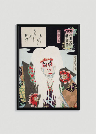 Plakat w drewnianej czarnej ramce: japoński aktor kabuki w białej peruce Toyohara Kunichika