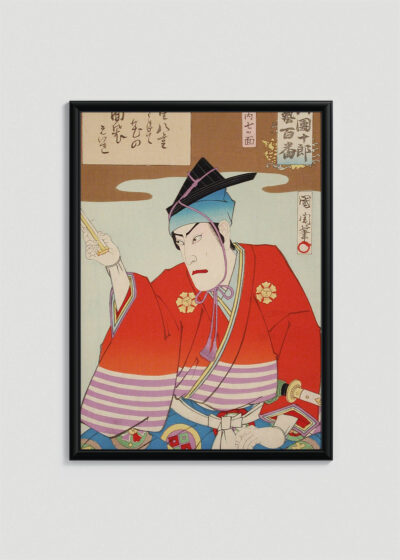 Plakat w drewnianej czarnej ramce: japoński aktor kabuki w kimonie Toyohara Kunichika ukiyo-e