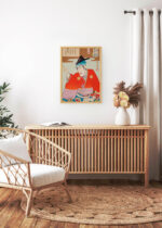 Aranżacja wnętrza, na ścianie wisi plakat w ramce: japoński aktor kabuki w kimonie Toyohara Kunichika ukiyo-e