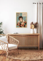 Aranżacja wnętrza, na ścianie wisi plakat w ramce: aktor orientalny drzeworyt Toyohara Kunichika ukiyo-e