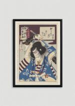 Plakat w drewnianej czarnej ramce: japoński Meiji yakusha-e Toyohara Kunichika ukiyo-e