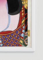 Zbliżenie na detale plakatu oprawionego w drewnianą białą ramkę od Plakatello®: Aktor kabuki wojownik Toyohara Kunichika Meiji