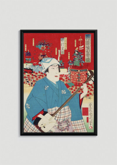 Plakat w drewnianej czarnej ramce: japoński vintage aktor kabuki Toyohara Kunichika ukiyo-e