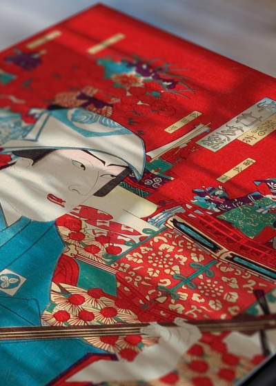 Zbliżenie na detale plakatu: japoński vintage aktor kabuki Toyohara Kunichika ukiyo-e