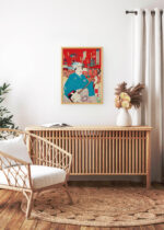 Aranżacja wnętrza, na ścianie wisi plakat w ramce: japoński vintage aktor kabuki Toyohara Kunichika ukiyo-e